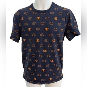Champion Navy Blue Short Sleeve T-shirt with orange all over logo. Size Small